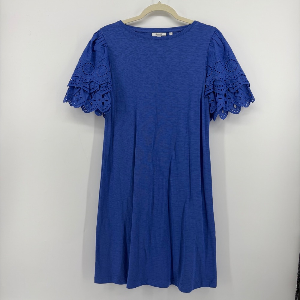 Chico's Shift Dress Blue Womens Size S Eyelet Tiered Ruffle Sleeve Slub Knit